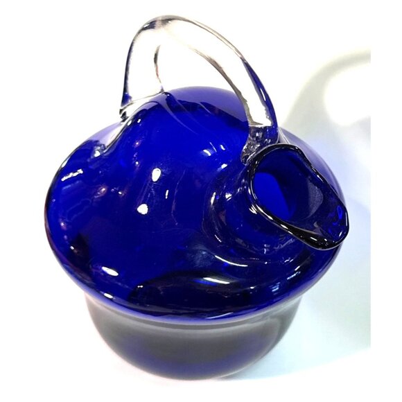 Cobalt Blue Hand-Blown Glass Pitcher & 6 Matching Cups With Swirled Clear Stoppe - Picture 6 of 16